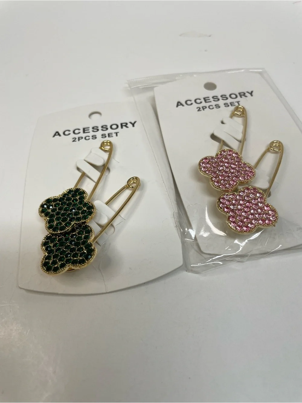 Gold-Tone Clover Pin Brooches - Green and Pink Sets